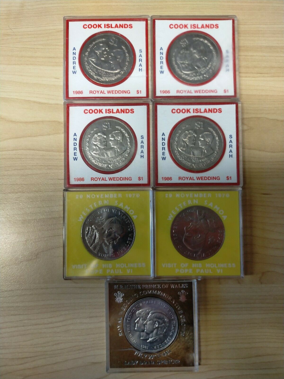 Samoa Cook Islands UK 1970 to 1986 Cased Crown/$1 (7) Pope Paul, Royal Wedding