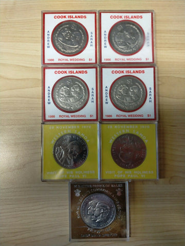 Samoa Cook Islands UK 1970 to 1986 Cased Crown/$1 (7) Pope Paul, Royal Wedding
