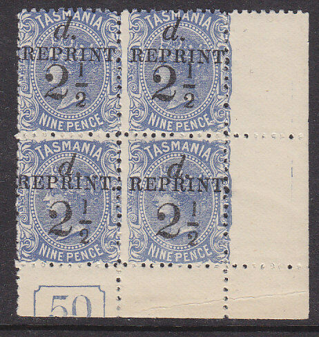 Tasmania SG 168 2½d on 9d overprinted REPRINT in bottom right corner block of 4