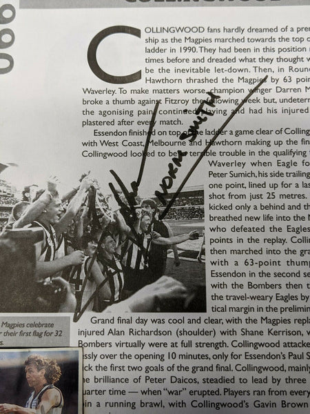 AFL 1990 Collingwood Football Club. Signatures of Tony Shaw, Premiership Captain and Peter Daicos, winner of the Norm Smith Medal for Best on Ground in the Grand Final