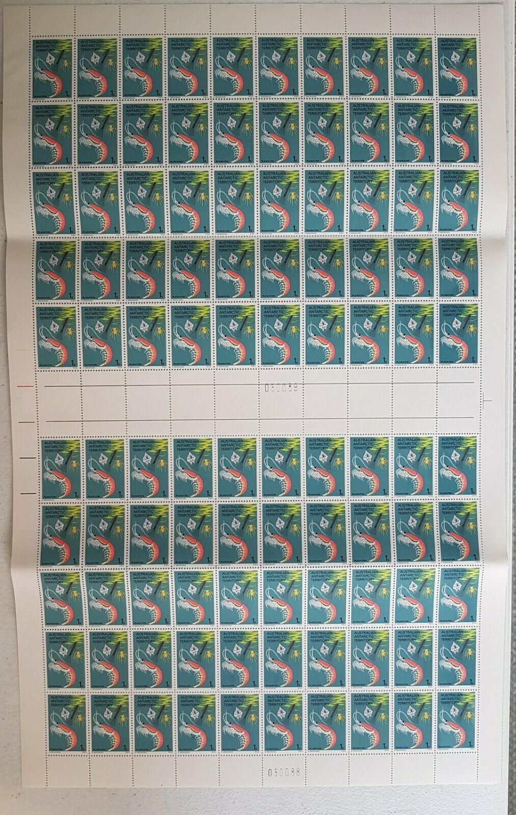 Australian Antarctic Territory 1973 1c Krill in full sheet of 100