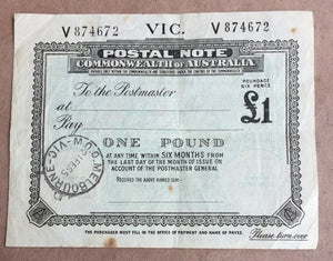 Australia Victoria £1 Postal Note banknote postal stationery used Melbourne1955