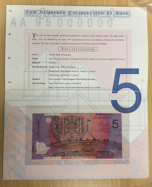 Australia 1995 $5, $10 Banknote Folders Matching Serial Numbers AA95007572