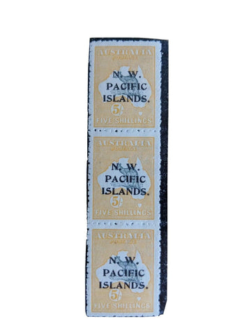 NWPI New Guinea SG 92 5/- Kangaroo ABC Strip. Centre Stamp  Frame Break.