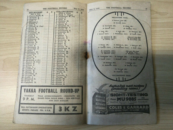 VFL 1959 May 2nd Football Record Melbourne v Collingwood