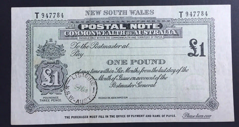Australian NSW £1 Postal Note banknote postal stationery used Lismore 1948