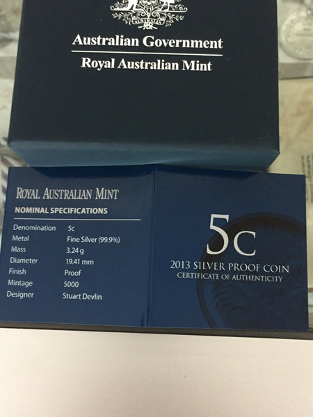 Australia 2013 Royal Australian Mint 5 Cents Silver Proof Coin. Rarely offered as a single  coin