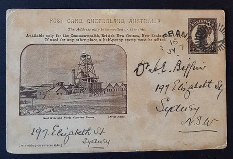 Queensland Postal Stationery Post Card 1d on buff Gold Mine and Works  HG12 used