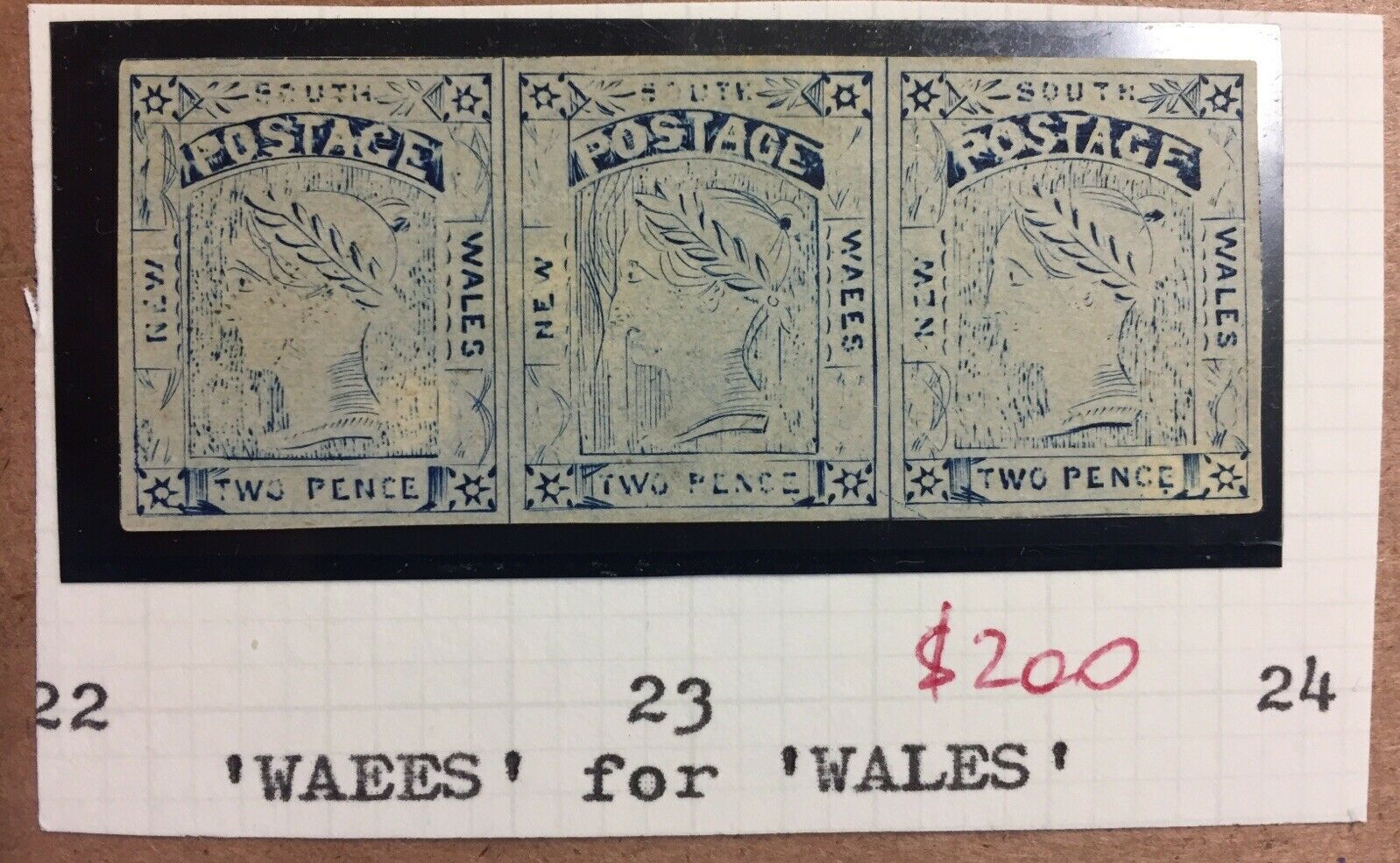 NSW Australian States 2d Van Dyke reprint Strip of 3 WAEES for WALES variety