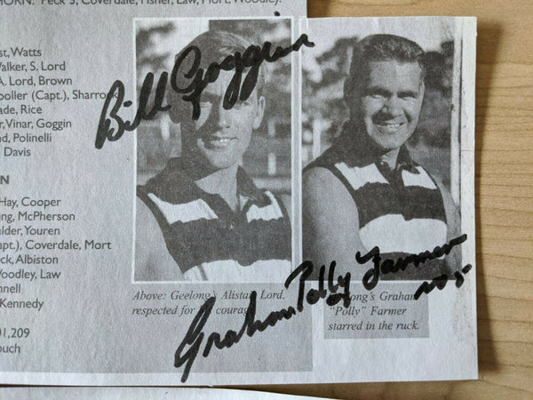 VFL Geelong 1963 Premiership Article 5 signatures Polly Farmer, Goggin, Lord