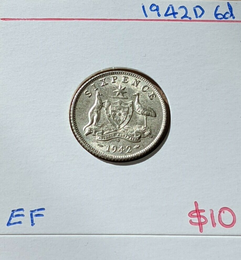 Australia 1942D 6d Sixpence Silver Coin EF