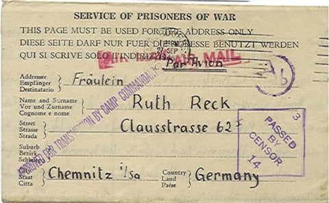Australia WW2 POW mail to Germany from crewman of German Raider HSK Kormeran