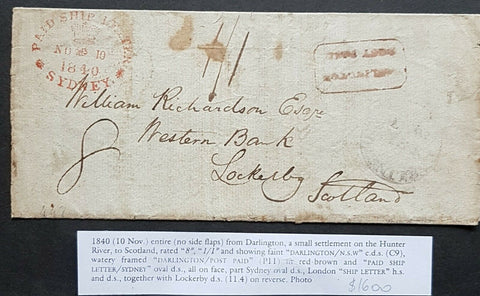 NSW Pre stamp shipletter Darlington No 7 1840 to Lockerbie arrived 11 April 1841