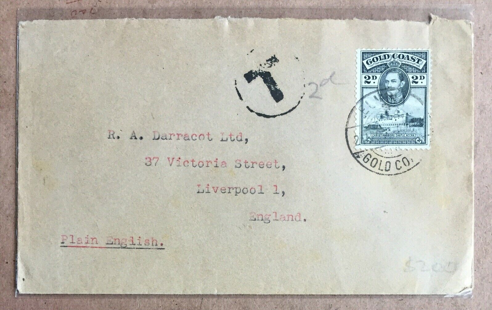 Gold Coast 1940s  King George VI Cover Taxed 2d Elmina to Liverpool