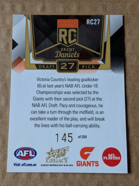 2018 AFL Select Legacy Rookie (RC27) Brent DANIELS GWS 145/250