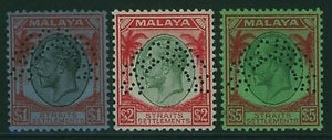 Straits Settlements Malayan States SG 272/4s KGV $1, $2, $5 perf Specimen MUH