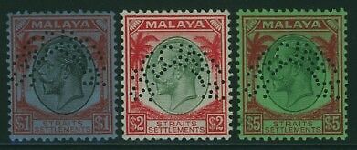 Straits Settlements Malayan States SG 272/4s KGV $1, $2, $5 perf Specimen MUH