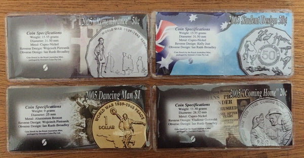 Australia 2005 6 Coin Set Plus WWII 20c, 50c, $1 &    50c Student In Special Folders. Unc