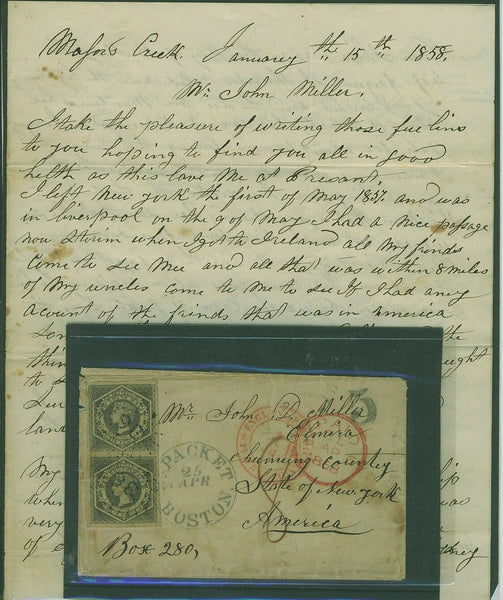 NSW 1858 6d diadem pair on cover + Letter from NSW to New York Packet Boston