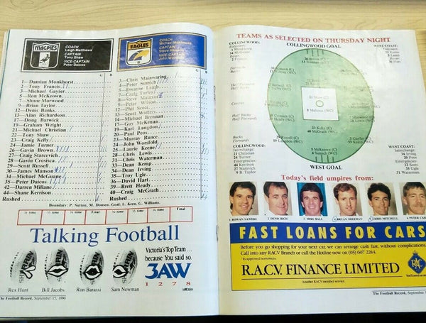 AFL 1990 Qualifying Final Football Record Collingwood v West Coast