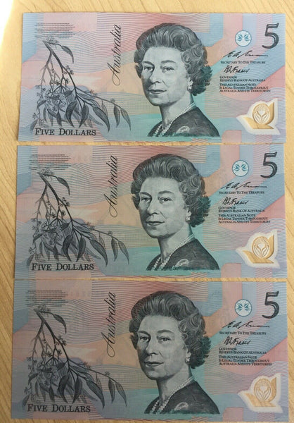 R216F 1993 $5 Fraser Evans Polymer Banknote First Prefix BA93 Uncirculated Run 3
