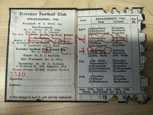 VFL 1960 Essendon Football Club Membership Season Ticket No. 5340