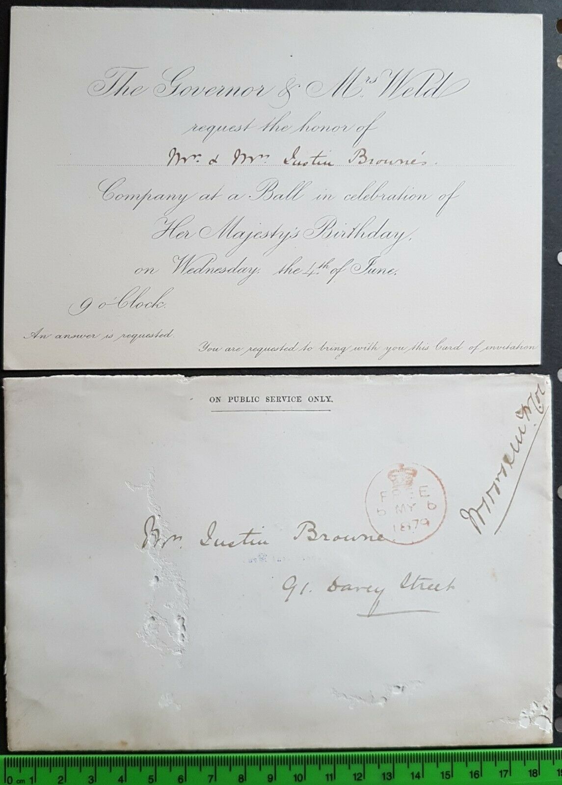 Tasmania 1879 "FREE" Frank + invitation from Governor to Queen's Birthday Ball