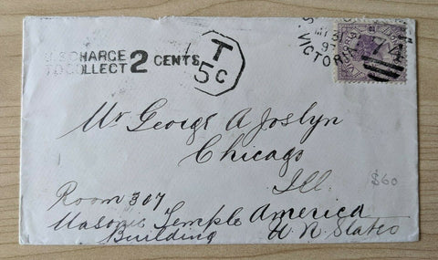 Australia Cover sent to Chicago USA taxed 2c with Victoria 2d Lilac Stamp
