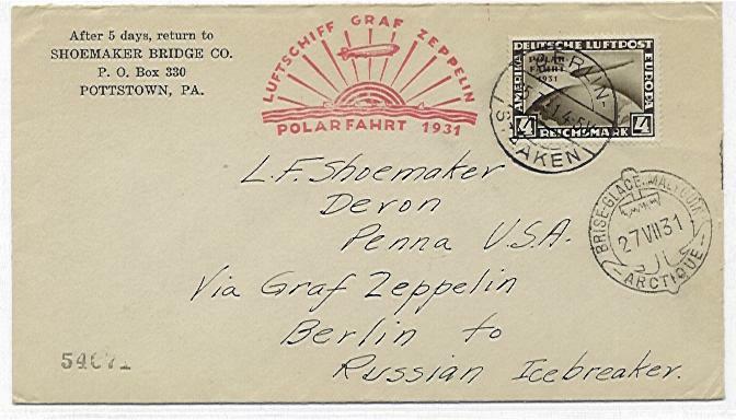 Germany, 4 Mark Zeppelin Polar Flight on flown cover to Russian Icebreaker