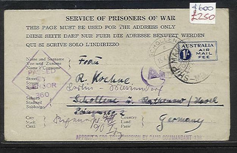 Australia - Germany postal stationery env ASC#DF20 from No13 POW Group Murchison