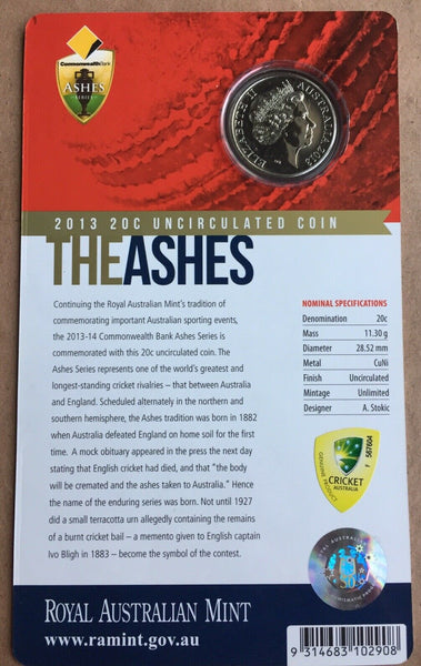 2013 Australian  “The Ashes” 20 Cents Carded Cricket Coin.