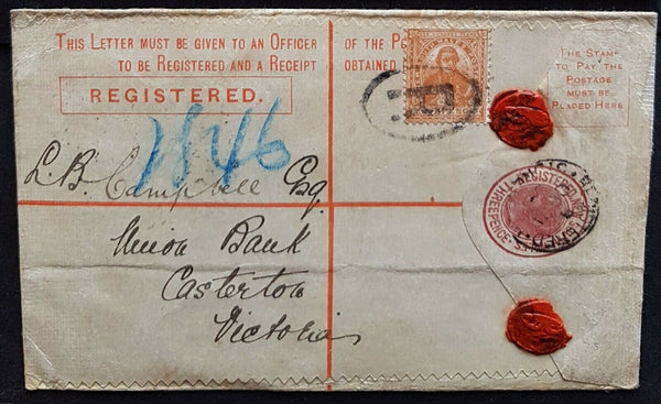 NSW - 4d Captain Cook on Registered Envelope HG14 stamp dealer mail to Casterton