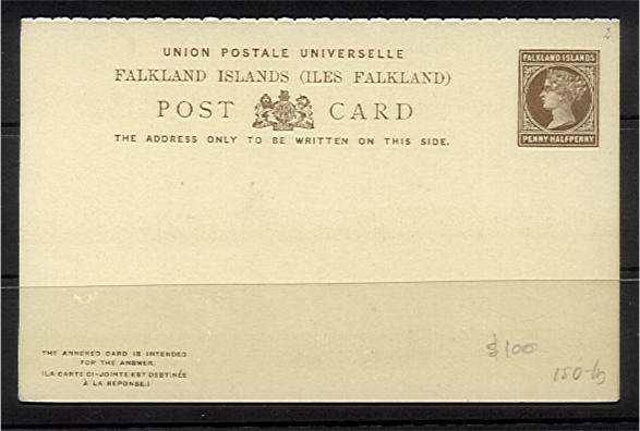 Falkland Islands Falklands Reply Postcard 1½d Queen Victoria postal stationery M