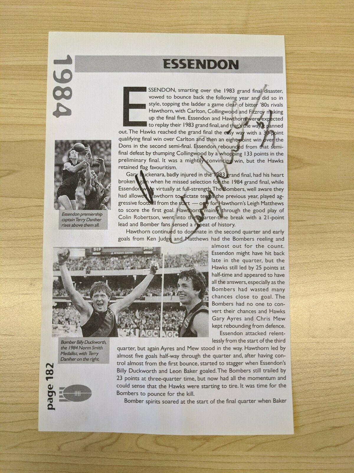 VFL 1984 Football Essendon Terry Daniher Signature on Grand Final Cutout