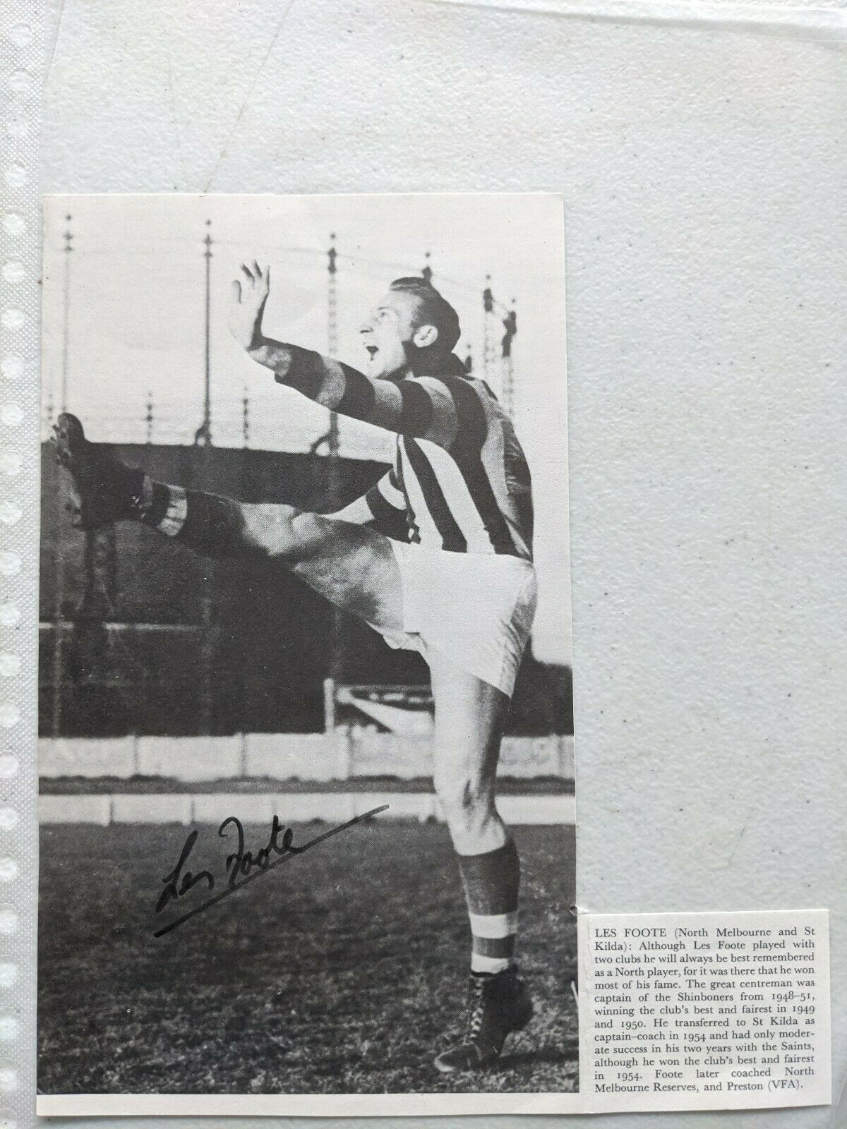 VFL Paper Cutout Hand Signed Les Foote North Melbourne St Kilda