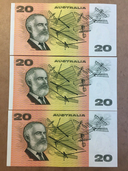 Australia 1979 $20 Knight Stone OCRB Serial Numbers R407b Uncirculated Run of 3