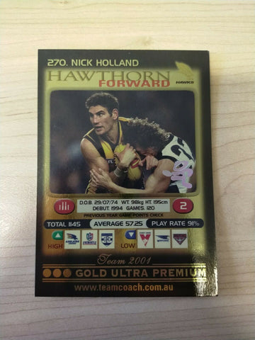 2001 Teamcoach Gold Prize Card Hawthorn 270 Nick Holland