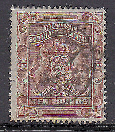 Rhodesia British South Africa Company £10 brown Arms animals SG13 Fiscally used