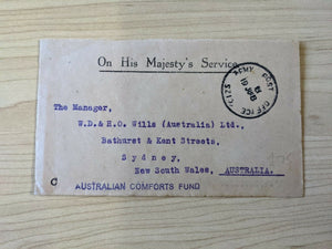 Australia WWI Military Mail Cancelled Army Post Office to WD & HO Wills Sydney