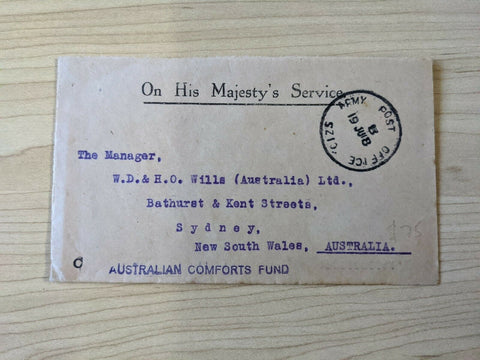 Australia WWI Military Mail Cancelled Army Post Office to WD & HO Wills Sydney