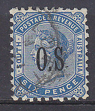 SA Australian States SG O62a 6d blue overprinted OS No stop after "S" error Used