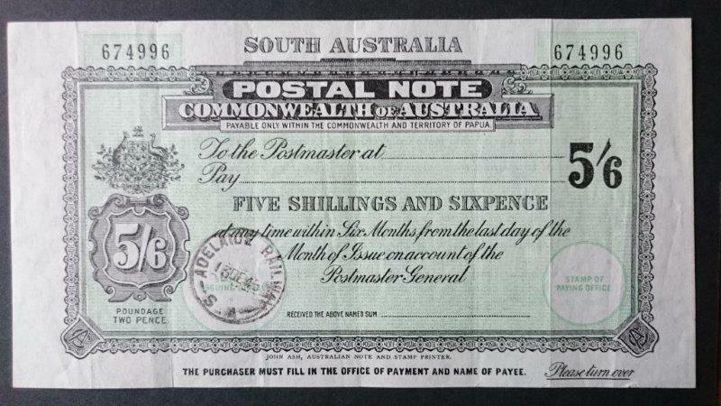 Australia South Australia SA 5/6 Postal Note banknote postal stationery 1946 use