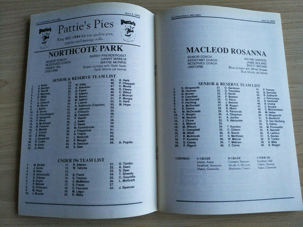 Football 1992 2nd May Diamond Valley Football League Football Record Vol. 36, No. 4