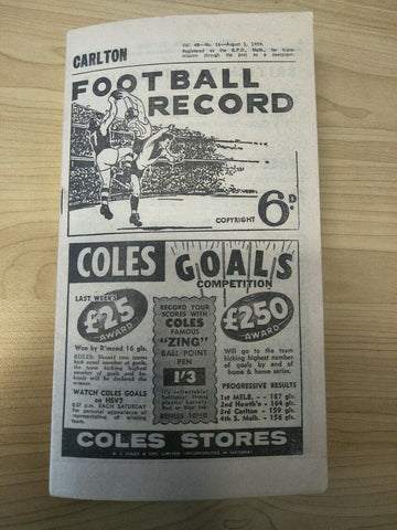 VFL 1959 August 1st Football Record Carlton v Collingwood
