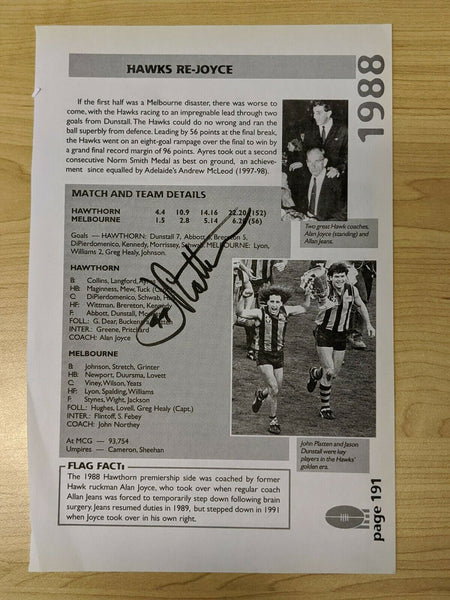 VFL Hawthorn Football Club Signature John Platten on 1988 Premiership Page
