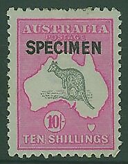 Australia SG 43S 10/- Grey and Pink Kangaroo 3rd Watermark optd SPECIMEN MLH