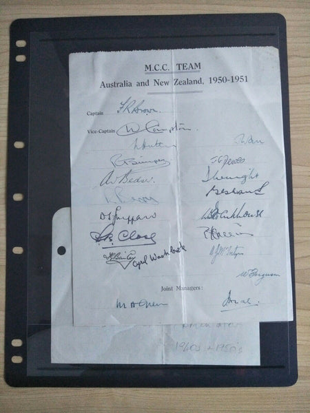 Cricket 1950-51 Official MCC Marylebone Cricket Club Autograph Sheet and ABC Cricket Commentator Signature