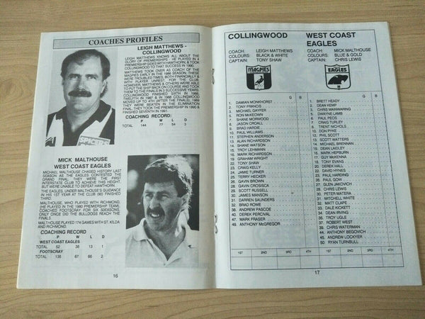 AFL 1992 Foster's Cup Collingwood v West Coast Souvenir Football Record