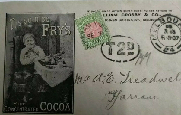 Victoria 1907 Advertising Cover Melb to Yarram 'T2D' Wmk Crown 2d Postage Due