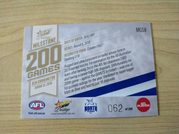 2020 Select Prestige Milestones Ben Cunnington North Melbourne No. 062/200